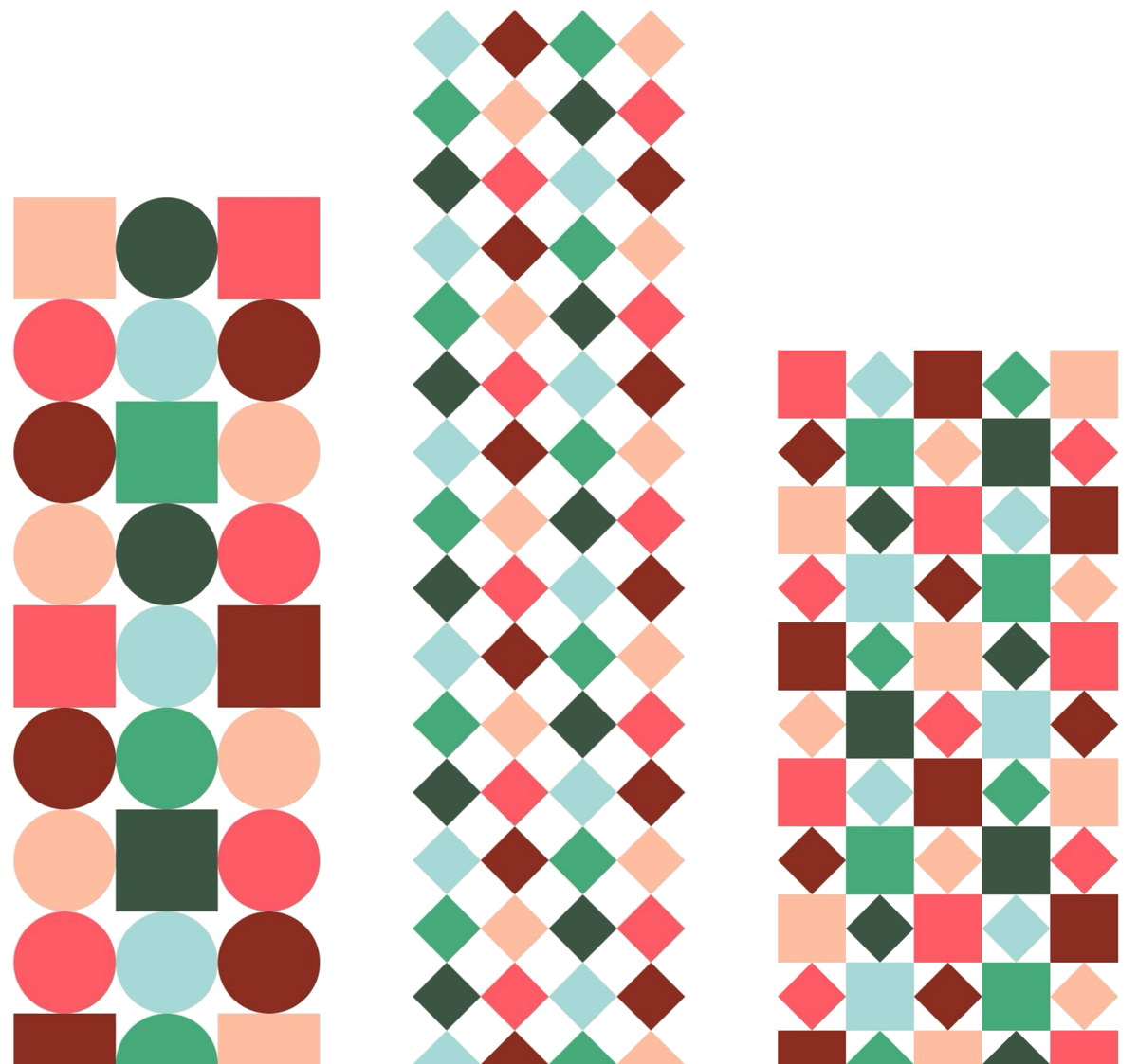 Three apartment buildings rendered as stacked geometric units